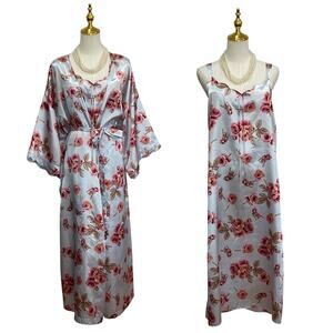 Serenada 2 Pc Blue Floral Satin Nightgown & Robe Sleepwear Set size 2X 22/24